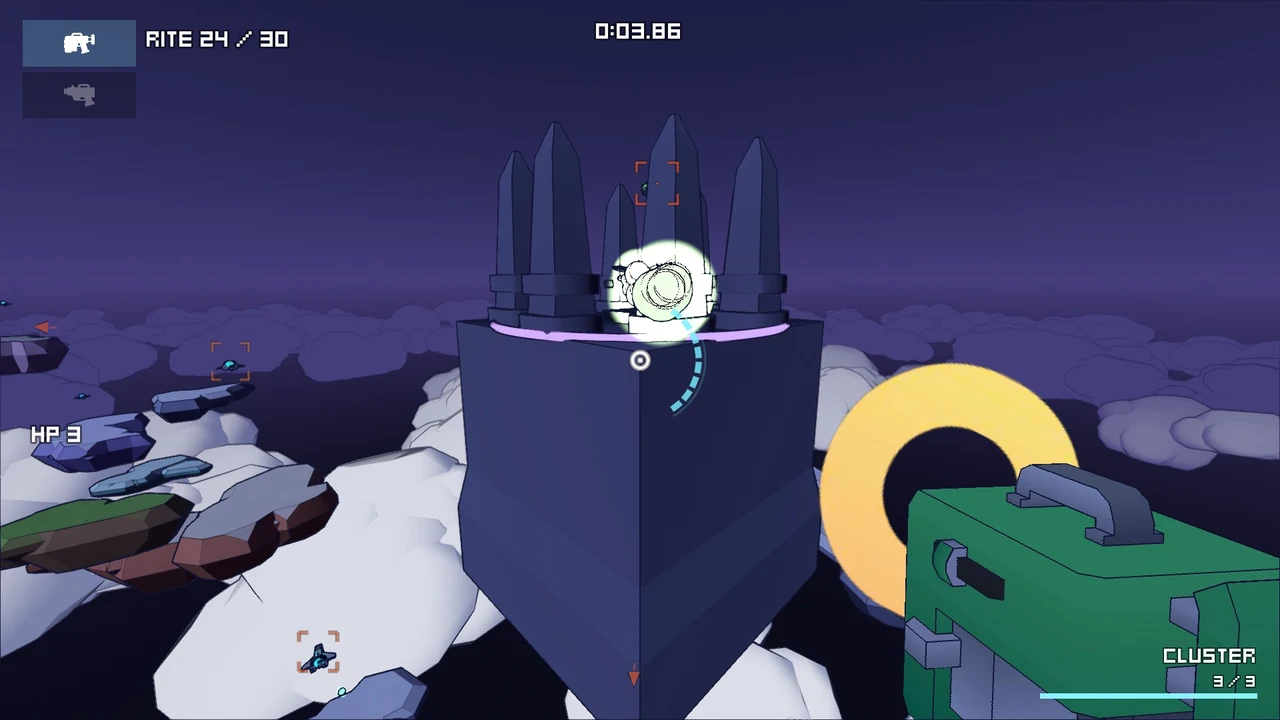 Night on Rite 24: a green Cluster launcher fires at a dark blue Shrine of tall spires, with drones marked in red brackets over the clouds.
