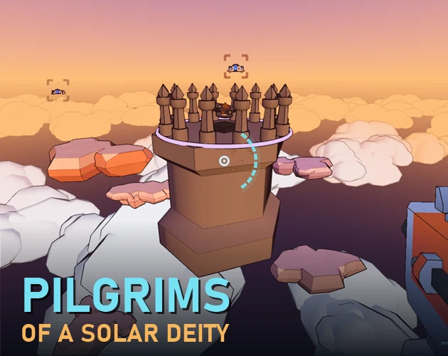Pilgrims of a Solar Deity cover: a brown Shrine tower above a sunset cloud sea, with drones marked in brackets.