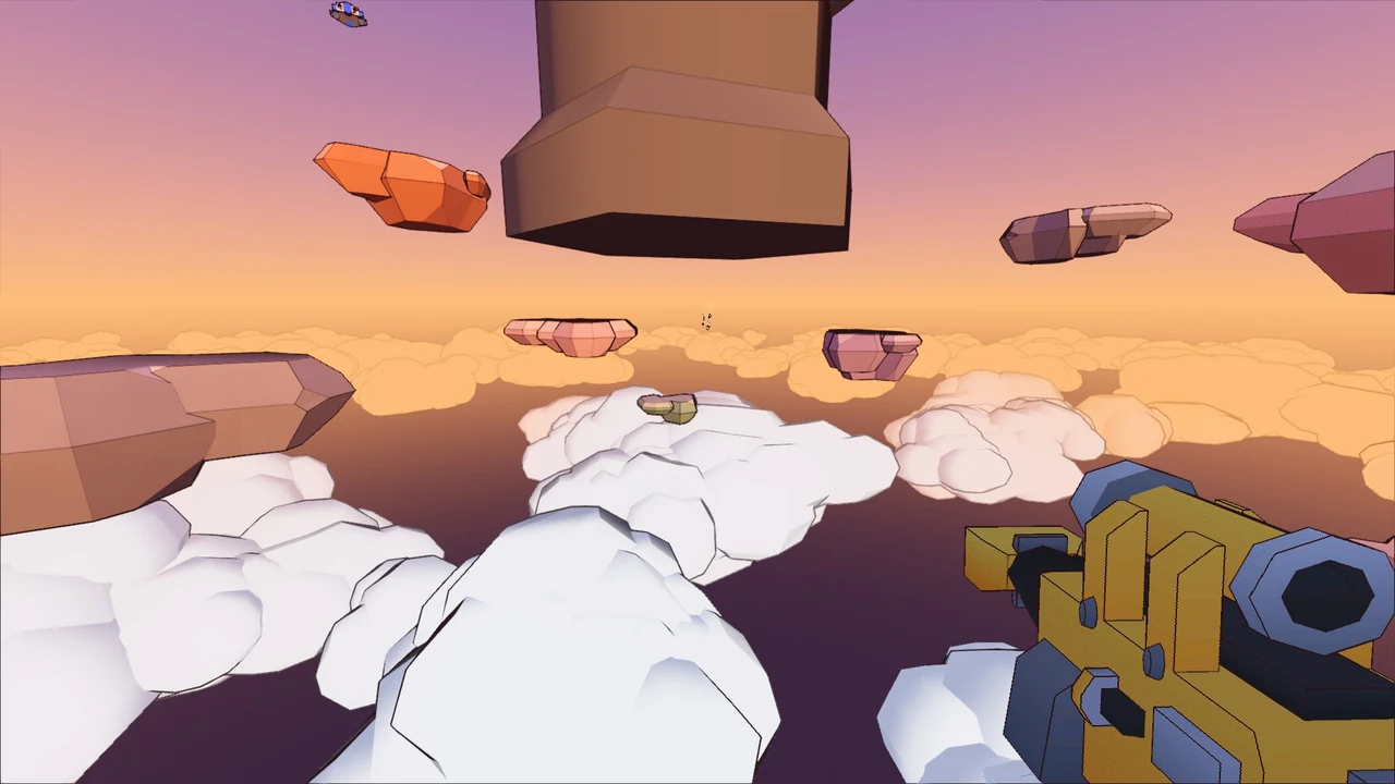 The jam version at sunset: floating islands around the underside of a huge Shrine, with a gold rifle in hand.