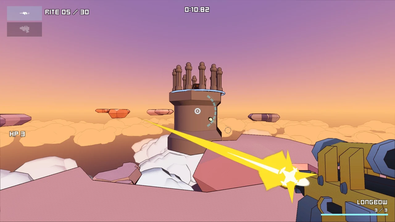 A gold and blue Longbow rifle fires a yellow star-shaped muzzle flash toward a Shrine tower above an orange cloud sea at sunset.