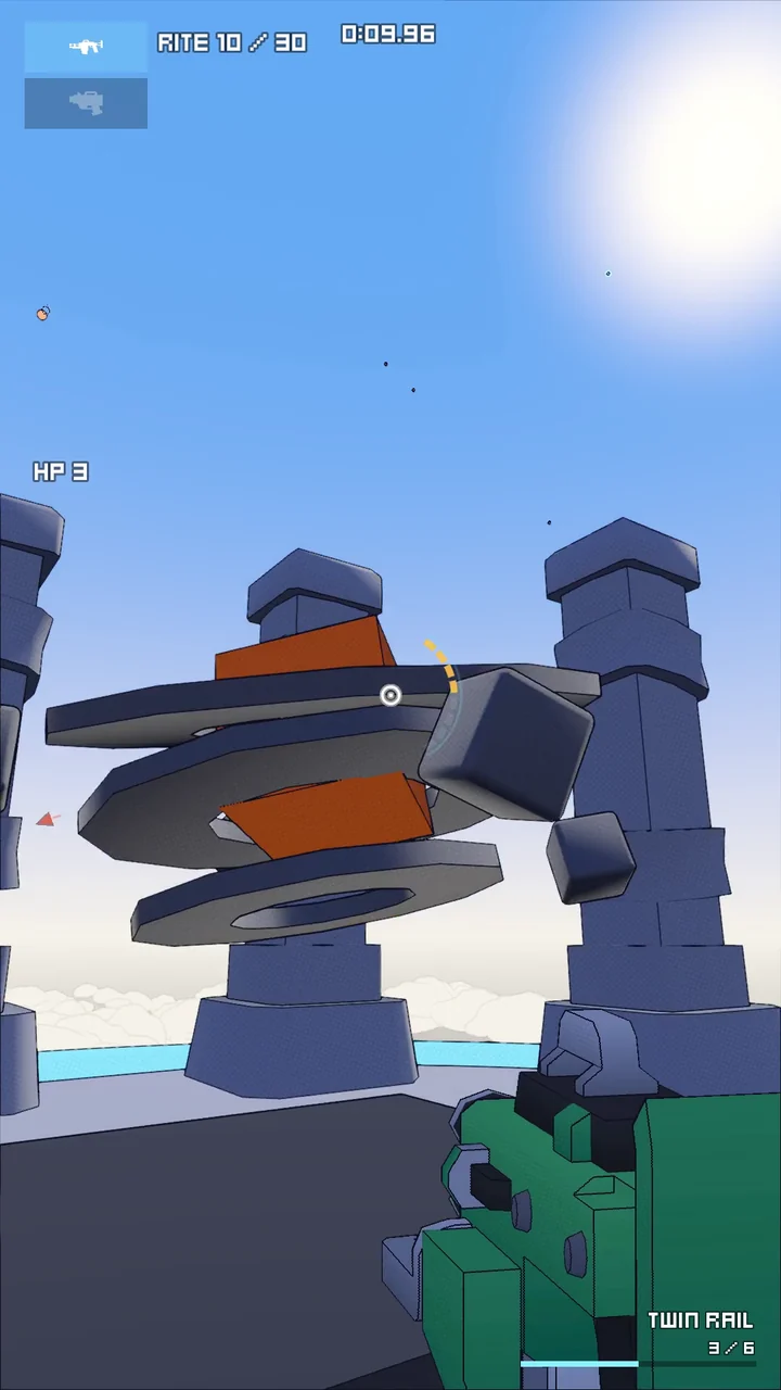 Rite 10 in first person: a Shrine of stacked dark rings between two pillars, with a green Twin Rail in hand.